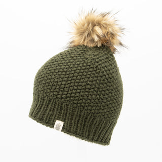 A Moss fur pom pom hat.