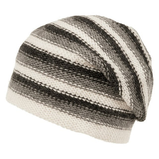 A black and white striped, durable Depp Slouch beanie on a white background.