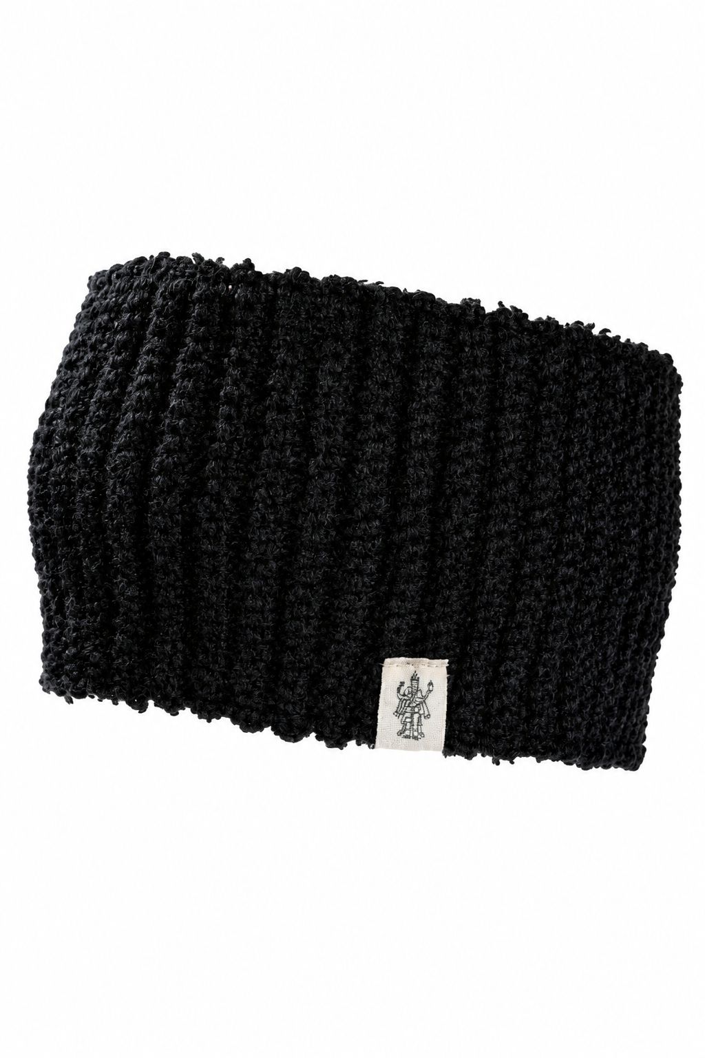 The Hand Loom Mandy Headband is a black, ribbed wool headband handmade in Nepal, featuring a small white tag with a line drawing of a figure with raised arms. Shown against a plain white background.