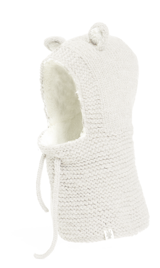 A handmade white merino wool Teddy Hood with ears.