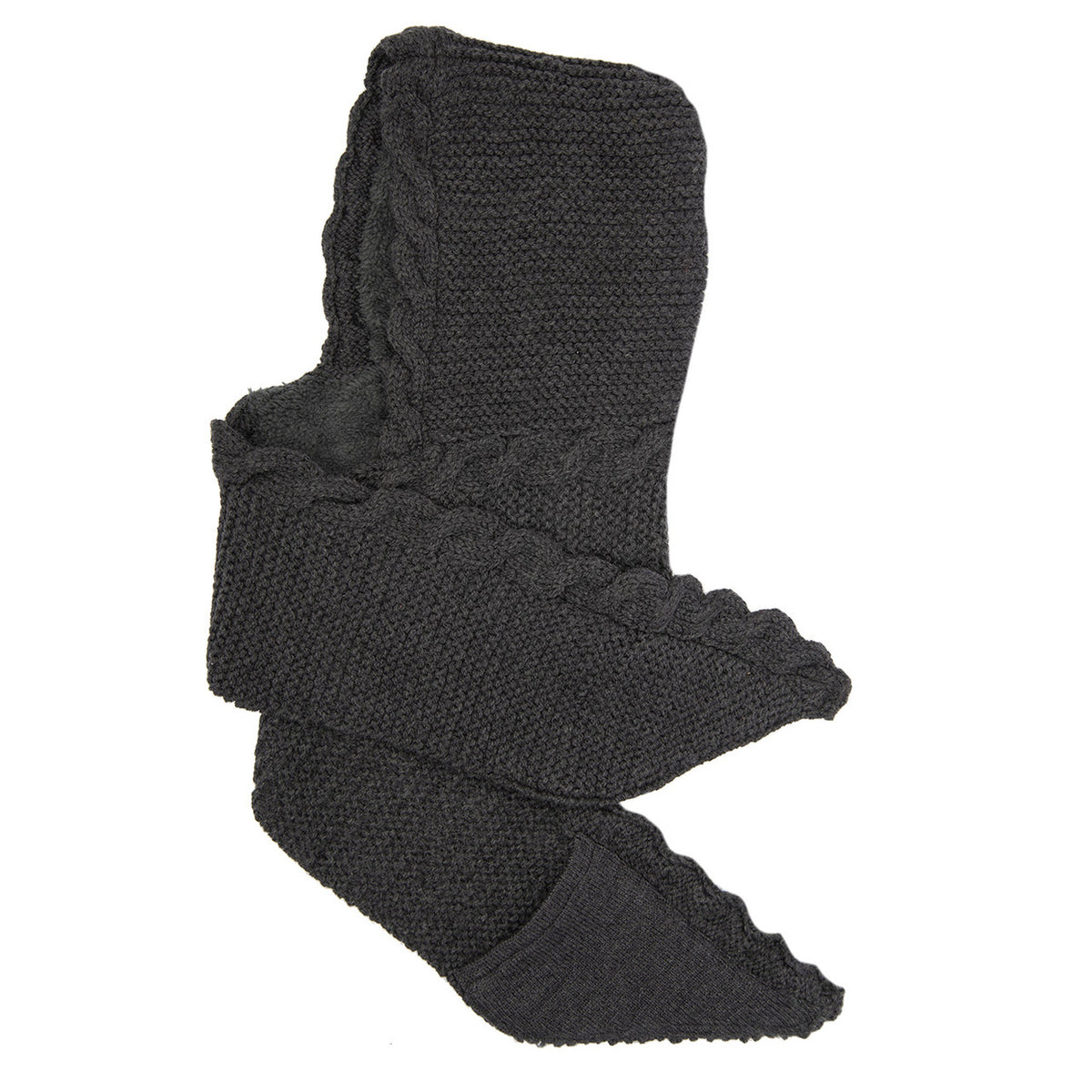 A hand-knit dark gray scarf hood featuring two convenient pockets, a textured knit pattern, and scalloped edges, designed for warmth with a cozy sherpa lining.