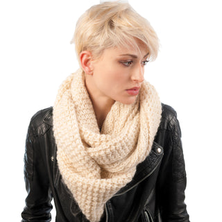 A woman in a leather jacket wearing a Double Wide Infinity Scarf.