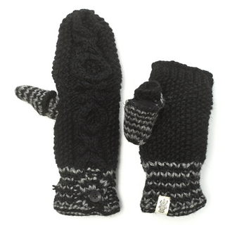 A pair of black 100% wool XOXO Fingerless Gloves with Flap and fleece lining on a white background.