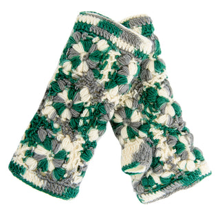 A pair of durable, Multi Color Flower crocheted fingerless gloves.