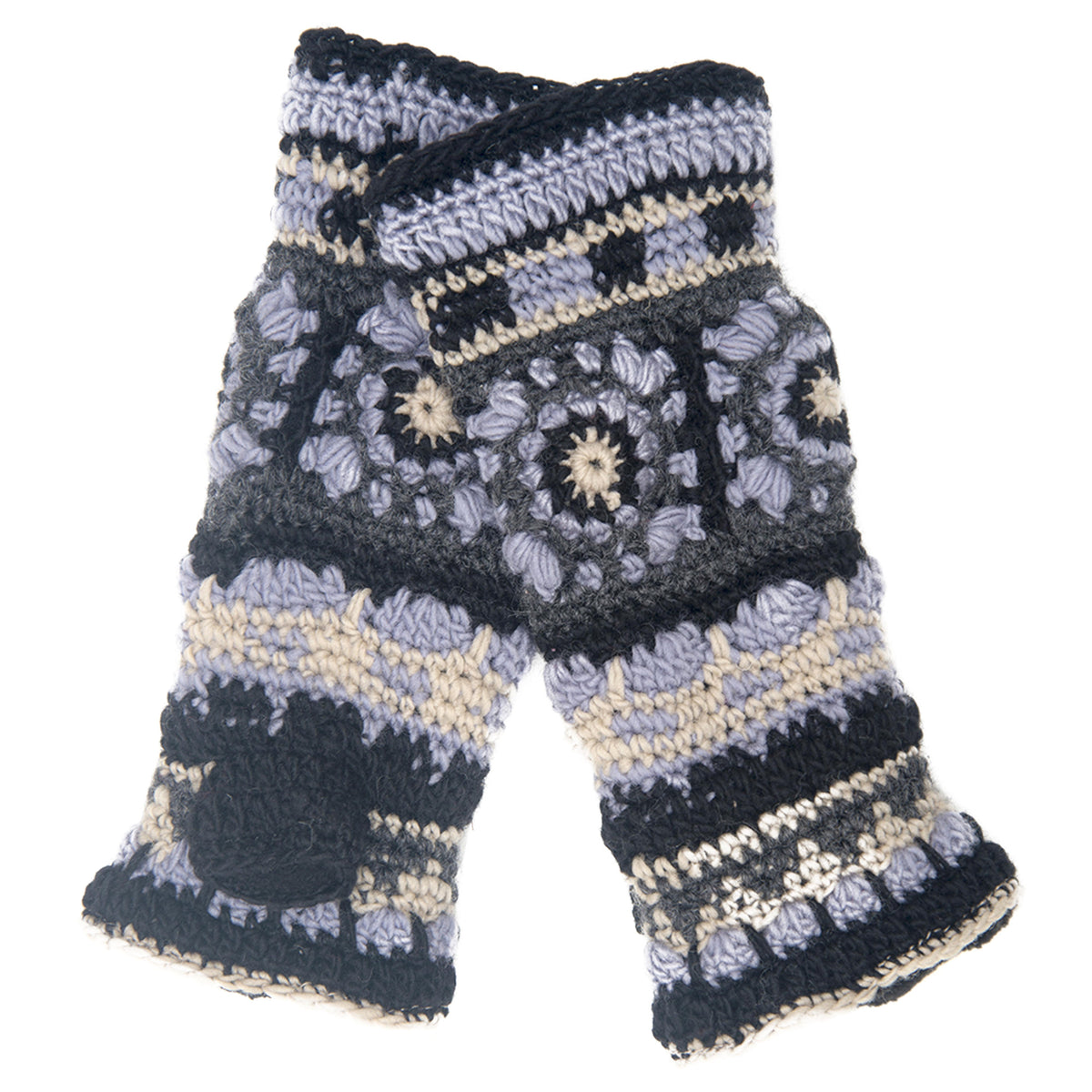 Dreams Hand Crochet Handwarmers feature intricate geometric and floral patterns in black, gray, beige, and cream yarn with scalloped edges—stylish wool gloves for any season.