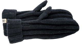 Sentence with Product Name: A single Ribbed Mittens, handmade in Nepal, ribbed mitten knit from 100% wool isolated on a black background.