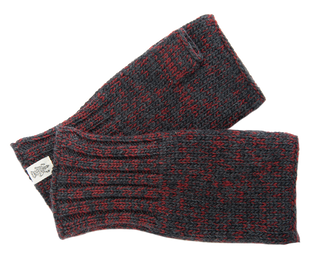Handmade in Nepal, gray and red knitted Gotham Handwarmers with a visible label, laid out on a white background.