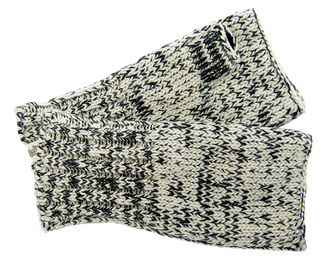 A pair of Gotham Handwarmers, handmade in Nepal from merino wool, with a houndstooth pattern, folded and placed against a white background.