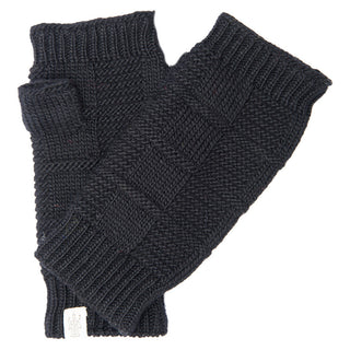 A pair of checkered knitted fingerless handwarmers.