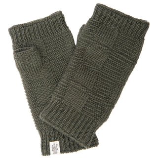 A pair of checkered handwarmers in olive green, handcrafted in Nepal.