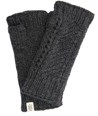 A pair of Diagonal Knit Handwarmers, handmade in Nepal from 100% wool, presented in black with a textured pattern. The fingerless gloves are displayed on a white background, featuring a small tag with an illustration attached to one of the gloves at the bottom corner.