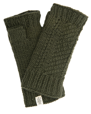 A pair of green diagonal knit handwarmers displayed on a white background.