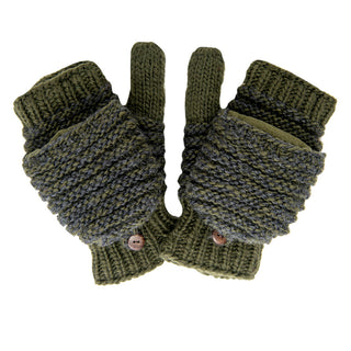 A pair of Speckle Knit Mittens in olive green with a fingerless glove design.
