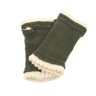 Introducing Les Handwarmers: a pair of green fingerless knit gloves with beige trim, hand-knit from cozy merino wool. These gloves feature a thumb hole and have scalloped edge designs at both the wrist and finger openings, providing warmth while keeping you stylish.