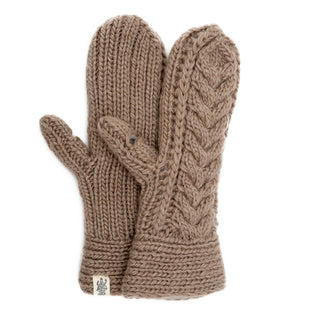 A pair of brown knitted Soho Mittens made from Merino Wool for women.