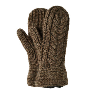 A pair of brown Soho Mittens for women on a white background.