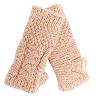 A pair of Cable Handwarmers made from organic yarn in pink on a white background.