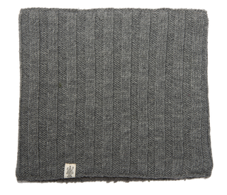 A grey knitted, fleece lined Ribbed Neckwarmers on a white surface.