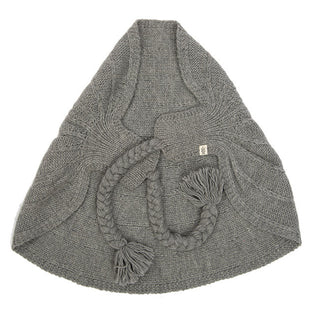 A handmade grey Knitted Shawl wrap with a tassel.