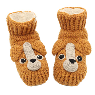 A pair of Lucy Puppy slippers on a white background.