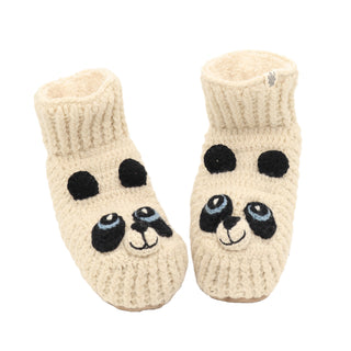 A pair of knitted Panda slippers on a white background.