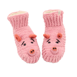 A pair of pink knitted Piggy slippers.