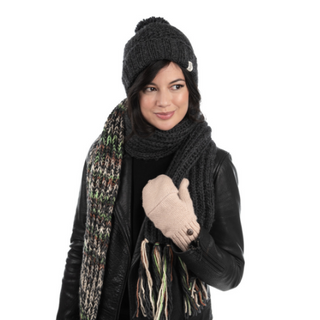 A woman wearing a scarf and Rutland Beanie mittens.
