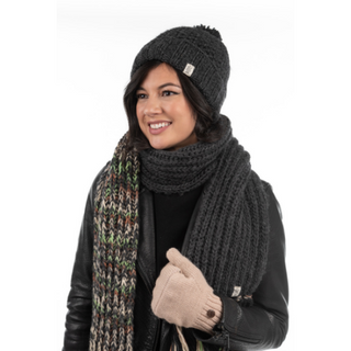 A woman wearing a black Rutland Beanie, scarf, and gloves.