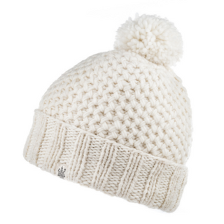 A handmade white merino wool Rutland Beanie with a pom pom.