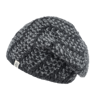 A handmade Kingston Slouch grey knit hat with a white logo.