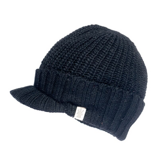 A black Fillmore Cap Visor knitted beanie hat with a brim on a white background.