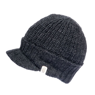 A black Fillmore Cap Visor knitted winter hat with a visor and a small label on the side, isolated on a white background.