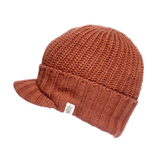 A brown Fillmore Cap Visor knitted beanie winter hat with a folded brim and a small label on the side, isolated on a white background.