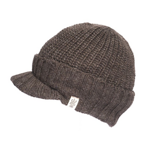 A brown Fillmore Cap Visor knitted beanie hat with a visor on a white background.