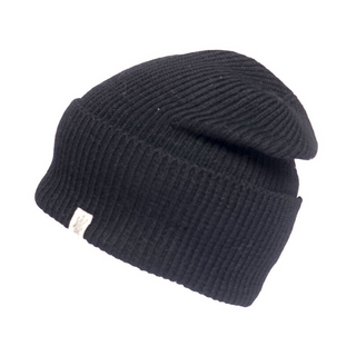 A black Troubadour Rib Fold Beanie with a white label.