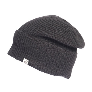 A black Troubadour Rib Fold Beanie knit hat with a white logo.