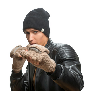 A man in a leather jacket and a Winter Wardrobe Troubadour Rib Fold Beanie wearing knitted gloves.