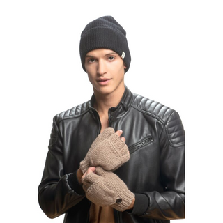 A man wearing a leather jacket, knitted gloves, and a Troubadour Rib Fold Beanie.