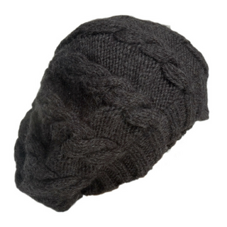 A dark gray Cable Beret with a braid knit design isolated on a white background.