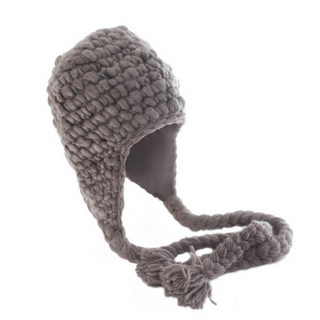 Gray Chunky Knit Long Tassel Earflap hat with braided ties on a white background.
