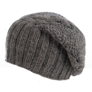 A grey Oversized Cable Merino Slouch beanie on a white background.