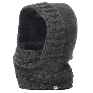 A grey knitted Legends Hood with a product description.