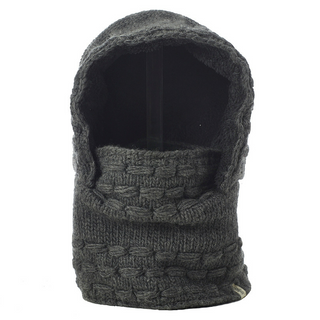 A grey knitted Legends Hood with a hood, an essential product description for your wardrobe.