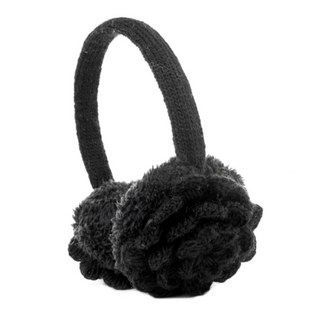 A pair of Camellia Earmuffs, made of faux fur and featuring a flower design on each.