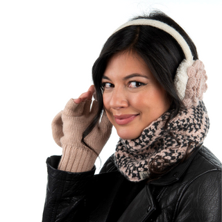 A woman wearing a scarf and Camellia earmuffs.