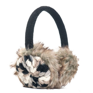 Kaleidoscope Earmuffs with a black and white pattern and adjustable straps.