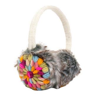 A pair of Kaleidoscope Earmuffs with pom poms.