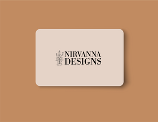 A beige Nirvanna Designs Gift Card with the text "nirvana designs" alongside a small, intricate logo on the center-left side, perfect for offering the gift of choice towards online products.