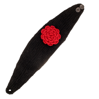 A black Detachable Flower Headband w/ Button with a red crocheted flower and two button accents, handmade in Nepal.