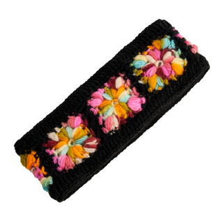 A Flower Crochet Headband- MULTI's with colorful flowers on it.